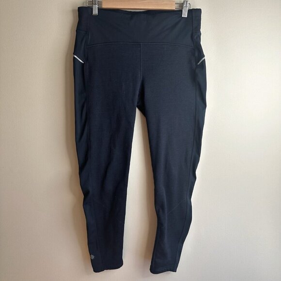 Athleta Leggings Womens Sz L Black Reflective Back Zip Pocket Athletic Stretch - Picture 1 of 11